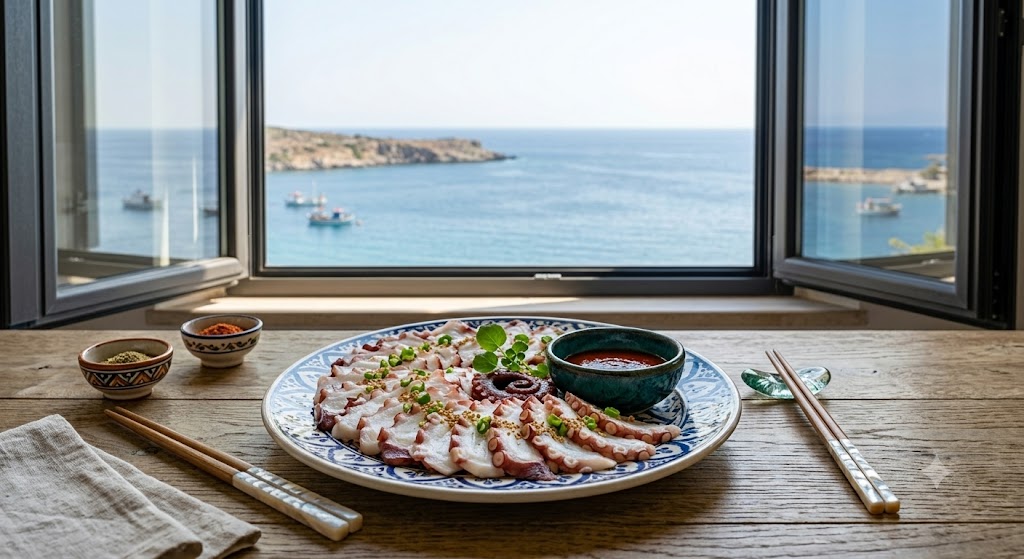A plate of sliced boiled octopus on a table as a summer healthy food alternative to Samgyetang